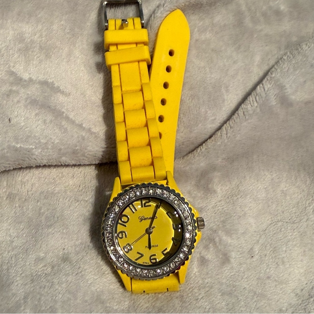 Geneva Yellow Rubber Watch with Silver CZ Accents